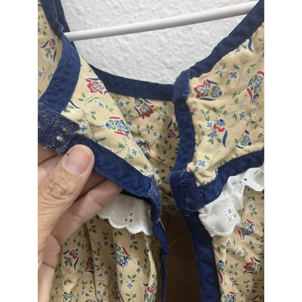 Beige Multicolor Floral Cotton Pinafore Apron Vintage Pocket Adults OS Patched